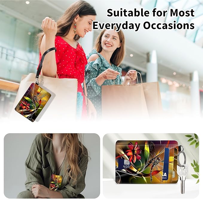 Slim Minimalist Front Pocket Wallet,Credit Card Holder Wallet for Women Men,RFID Blocking Credit Card Holder Case Leather Cute Small Thin Wallet ID Window&Wrist Strap,Dragonfly Plant