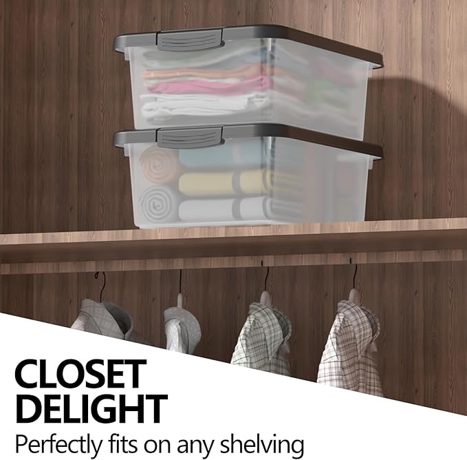 2-Pack Latching Boxes, 14 Quart Clear Plastic Organization Containers for Closet, Bedroom, Shelving Units