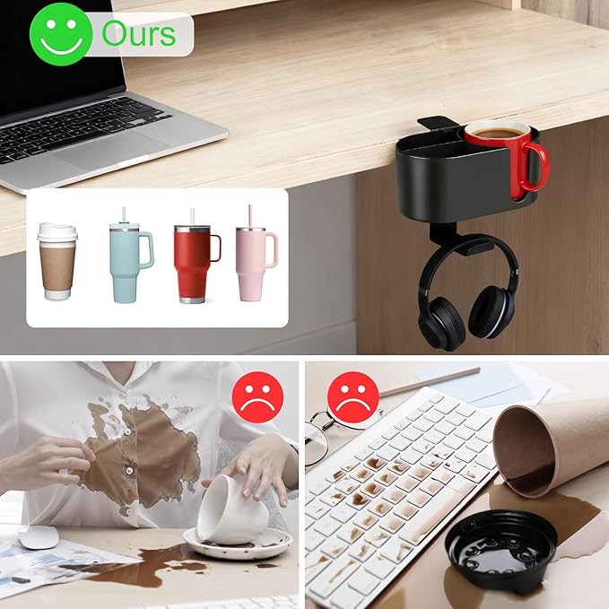 MYITYARD 4 in 1 Desk Cup Holder, Clamp On Drink Holder with Headphone Hanger, Anti-Spill Clip on Desk Organizer for Pen Phone Mug, Gaming Office Desk Accessories fits Most Desks