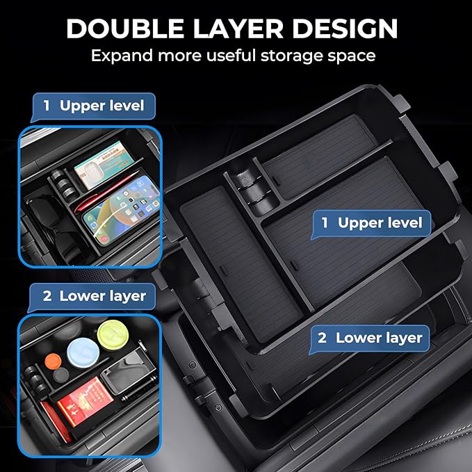 Double Layer Center Console Organizer Tray Storage Box for Hyundai Palisade 2026 (Only fit 7-Seater with Dual-Opening Center Console), Interior Accessories Insert Tray for 2026 Palisade, Black