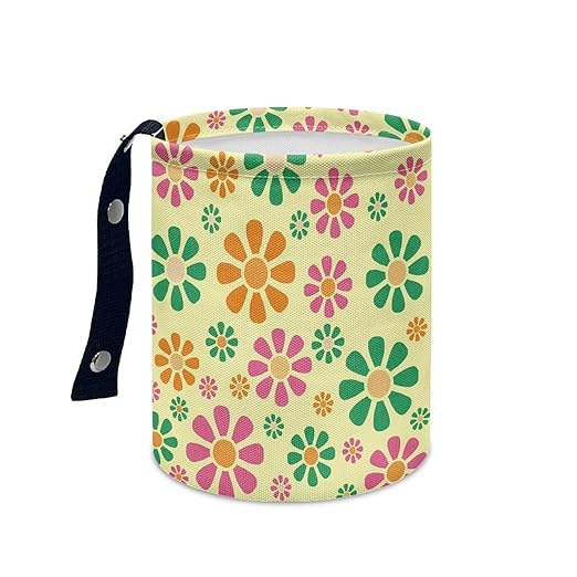 Colorful Hippie Flower Car Trash Bin Garbage Can Foldable Rubbish Bin Basket Bag Portable Cup Holder Organizer with Strap Universal Storage Bag Box for Fit Most Cars, SUVs, Trucks