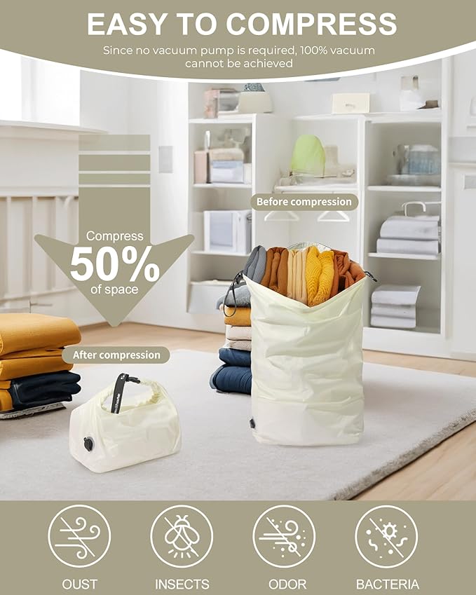 Travel Laundry Bag, Pump-free Vacuum Compression Dirty Clothes Bag, Large Reusable Waterproof & Washable Laundry Bag, Wet and Dry Bag, Ideal for Suitcases, Laundromats (1 Pack) White