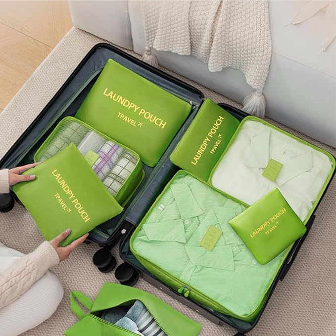 8 Set Packing Cubes for Travel Luggage Packing Bags Reusable Waterproof Suitcase Organizer Cubes Set with Shoe Bag and Toiletry Bag (Green)