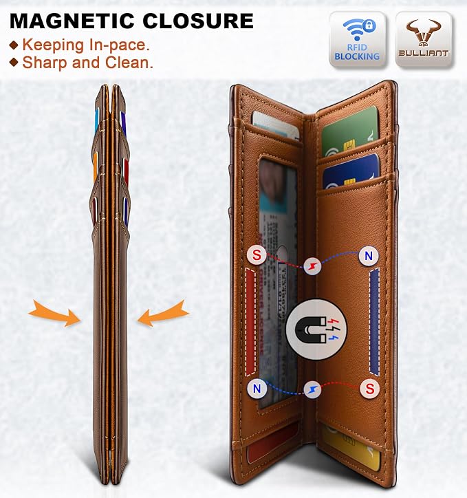 BULLIANT Slim Wallet For Men 12Cards,Magnetic Flip Build-in Money Clip Airtag Compatible-RFID Blocking