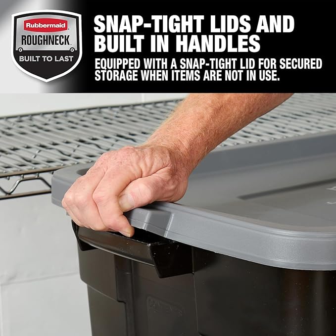 Rubbermaid Garage Storage Bins Black Plastic Stackable Storage with 3-Pack 31 GAL Capacity, Totes for Storage Home Organization Durable - Heavy Duty (31 GAL - 3 Pack Solid Black and Grey)