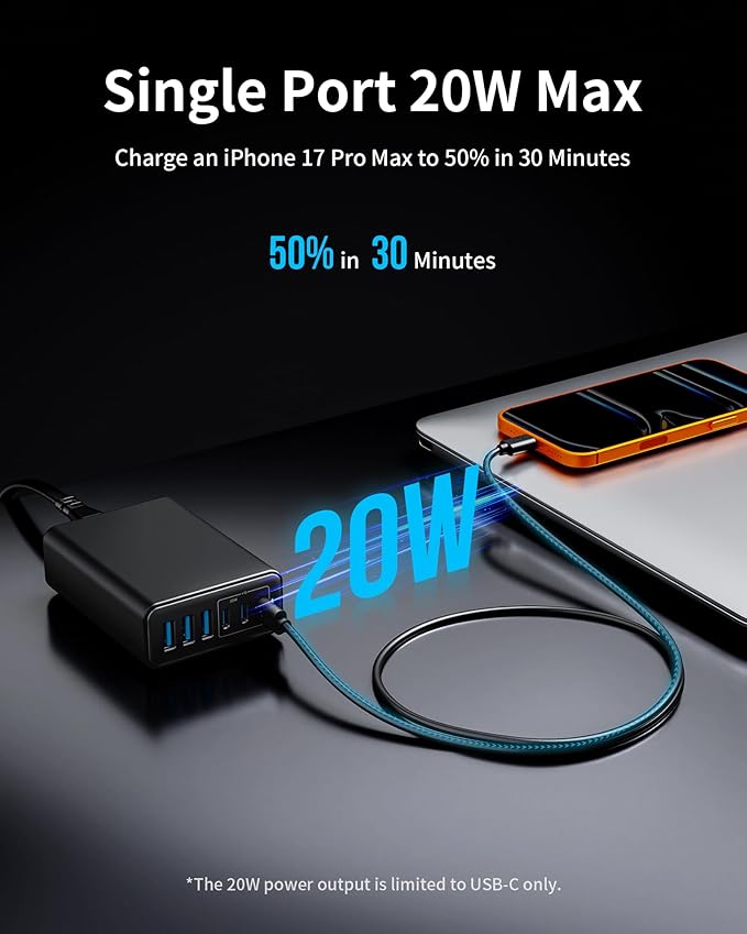 105W USB C Fast Charger, 6-Port Desktop GaN USB Charging Station Hub, USB C Charger Block Wall Charger for iPhone 17/16/15/14/13/12/11, iPad, Samsung and More (Cable Organizer Included)