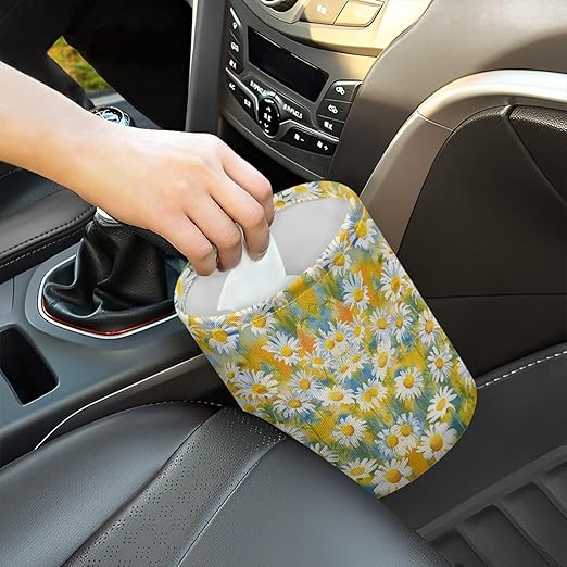White Daisy Car Garbage Trash Can Foldable Waste Basket Container Bag Bin Portable Cup Holder Organizer with Strap Universal Car Interior Accessories for Fit Most Cars, SUVs, Trucks