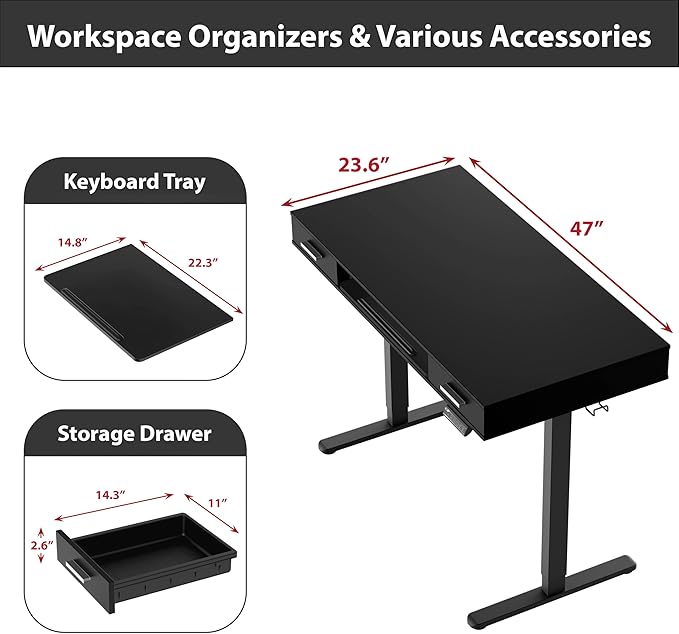 SHW 48-Inch Electric Height Adjustable Desk with Keyboard Tray and 2 Drawers, Black