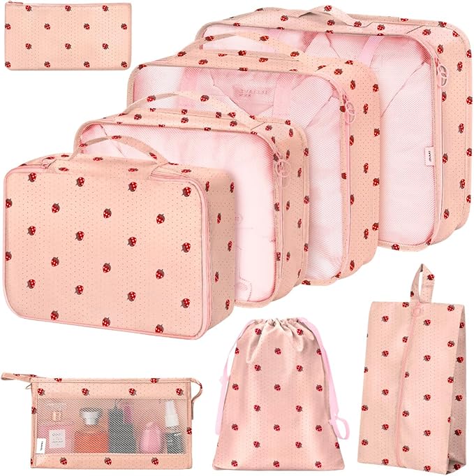 8 Set Packing Cubes for Suitcases,Packing Cube with Shoe, Cosmetics, Clothing, and Accessories Bags Packing Cubes for Travel Luggage Organizer Women Men(Pink Small Strawberry)