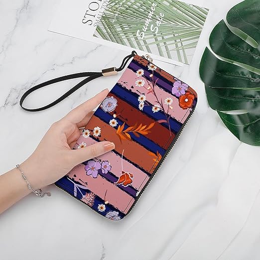 Unisex Zip Around Wallet for Adults Teens Vintage Flowers On Candy Colorful Stripe Coin Pouch Cash Pocket PU Leather Wallets Card Holder Organizer Designer Purse with Wristlet Strap