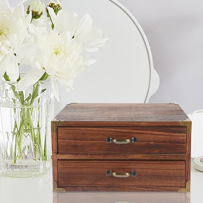 Garneck Wooden Organizer with 2 Drawers Desktop Vintage Storage Box Multifunctional Small Cabinets for Makeup Jewelry File Paper Sundry Containers for Home Office