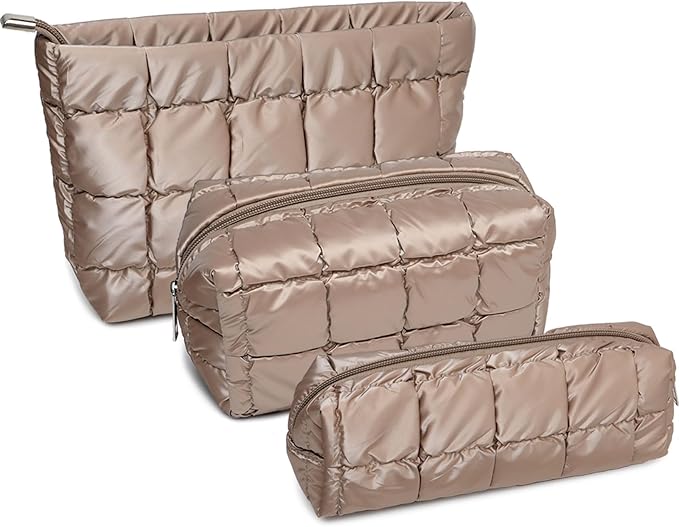 3Pcs Puffer Quilted Makeup Bag Travel Cosmetic Bag Set Portable Puffy Checkered Toiletry Pouch Skincare Organizer Purse Pencil Case (Champagne Gold)
