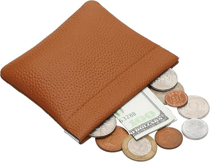 Genuine Leather Squeeze Coin Purse Pouch Change Holder For Men & Women Mini Change Purse Pouch for Pocket, Small Pouch Credit Card Key Headset Lipstick Holder (Brown)
