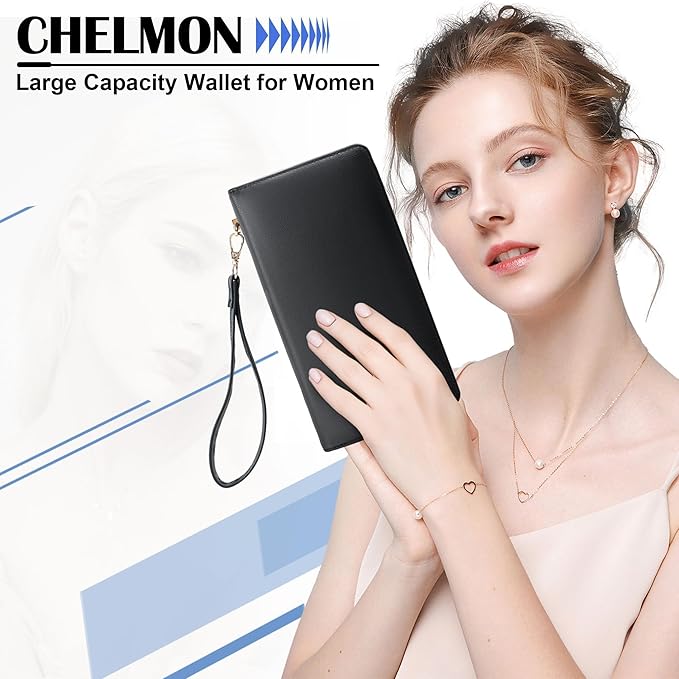 Chelmon Women's Vegan Leather Clutch Wallet with Zip, Hand Strap, Large Capacity