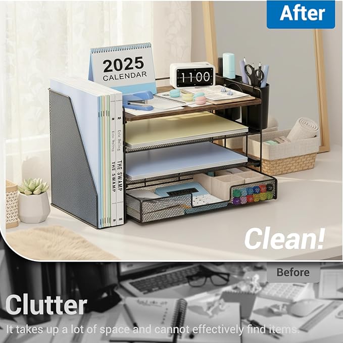OPNICE Wood Desk Organizers and Accessories, 4-Tier Desktop File Organizer with Drawer and 2 Pen Holders, Office Desk Accessories Workspace Organizers for Office Supplies(Wood)