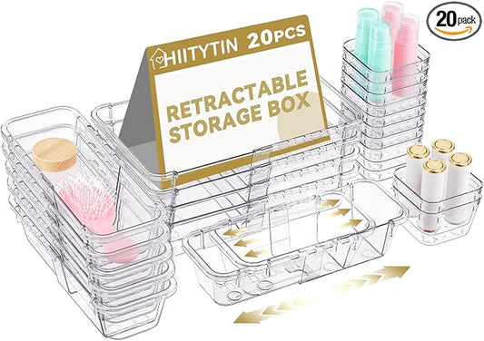 20 Pcs Adjustable Clear Drawer Organizer, Extendable Vanity Storage Bins, Desk Drawer Organizer Set for Makeup, Cosmetics, Bedroom, and Gadgets, Clear