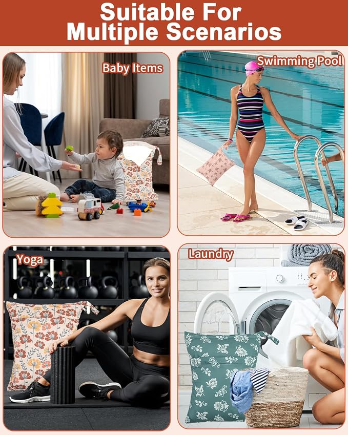 ALVABABY 3 pcs Cloth Diaper Wet Dry Bags Waterproof Reusable with Two Zippered Pockets Travel Beach Pool Daycare Soiled Baby Items Yoga Gym Bag for Swimsuits or Wet Clothes Small Medium Large 3L-SML14