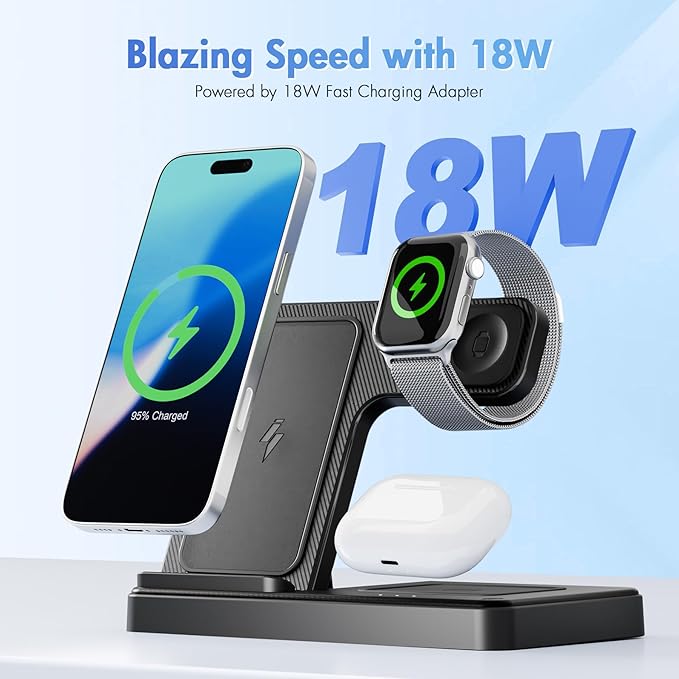 Wireless Charging Station for Apple Devices: 3 in 1 Foldable Qi Compact Case-Friendly Charger Stand for iPhone 17-12 & Apple Watch & AirPods Charging Dock for Travel Home Office Desk Nightstand(Blcak)