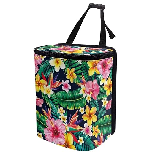 Biyejit Tropical Hibiscus Car Garbage Can Leak-Proof Car Trash Can with Lid and Storage Pockets, Automotive Trash Bin for Men and Women, Cars Interior Accessories