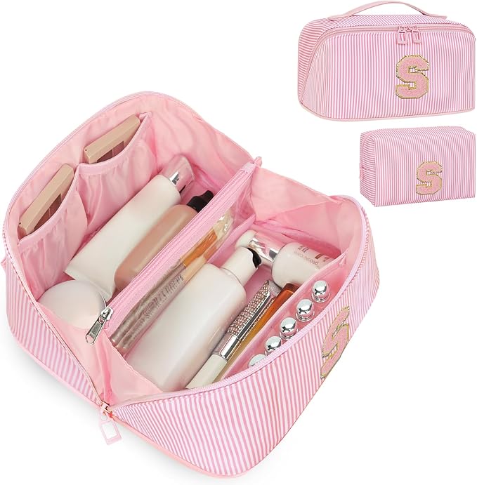 Initial Makeup Bag, Portable Water-resistant Monogram Cosmetic Bag Set, Travel Toiletry Bag with Brush Holder, Personalized Gifts for Friend Teacher Mom Wife, Pink S