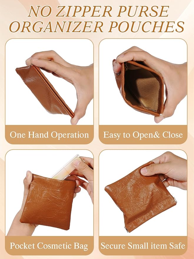 Pocket Cosmetic Bag Squeeze Top, 3 Pcs Small Makeup Bag for Purse 4.5in Pouches for Purse Organization Cosmetic Purse Organizer Small Leather Makeup Lipstick Purse Pouches(Mist)