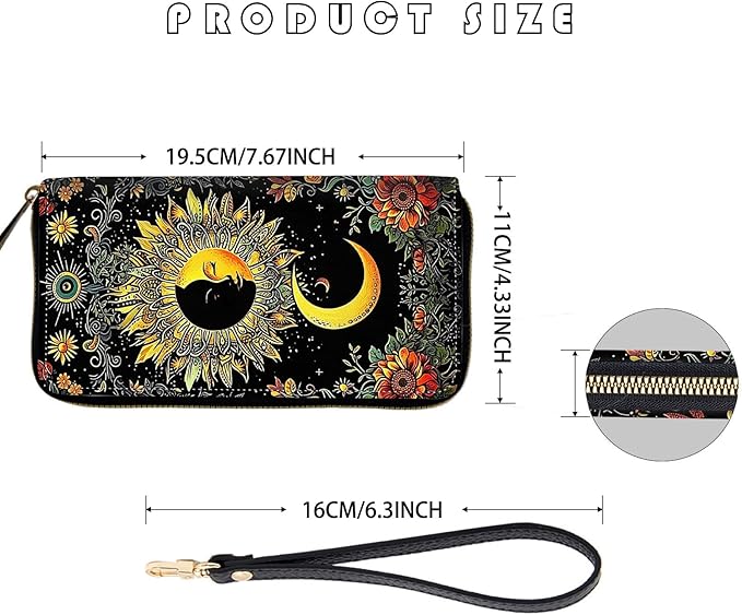 Women's RFID Blocking Zip Around Wallet with Detachable Wrist Strap, Large Capacity Credit Card Holder Organizer for Everyday Use,Sun Moon Flower