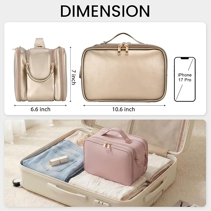 Travel Makeup Bag Women's Large Capacity Cosmetic Portable Organizer Large Opening Waterproof Storage Toiletry Bags Vertical Free-Standing Brush Holder for Easy Access Copper