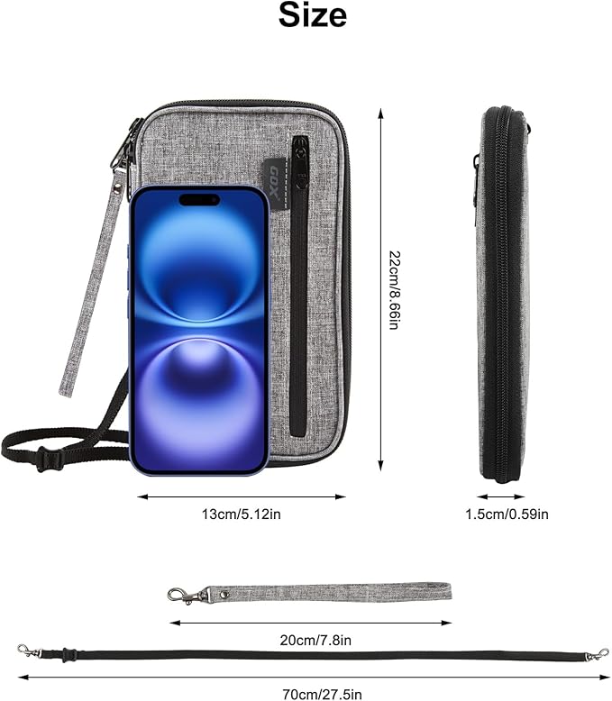 GOX Passport Holder for Travel Family RFID Neck Wallet for Traveling Women Travel Pouch for Passport and Documents with RFID Waterproof Zipper Passport Case (Grey)