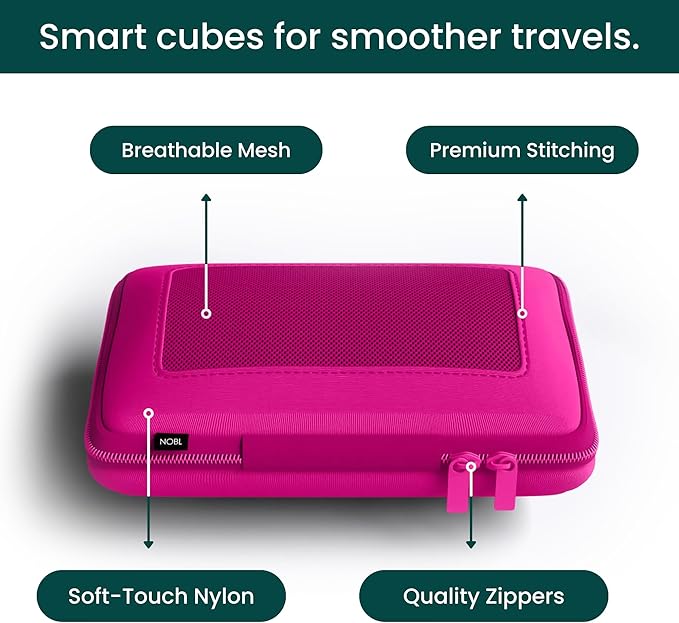 NOBL Travel Compressible Packing Cubes Set, 6 Pieces Travel Packing Organizers, Compression Luggage Cubes for Suitcases & Carry On, Space Saving (XXS, XS, S, M, L, XL) - Hot Pink
