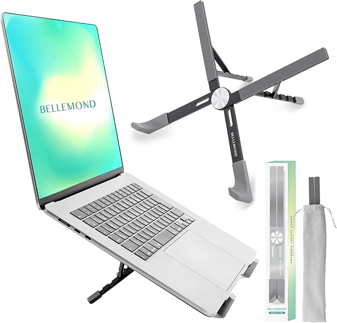 BELLEMOND Adjustable Laptop Stand | Foldable Aluminum Riser | X-Frame Ergonomic Japanese Design | Fits MacBook Pro/Air, Dell, HP, Lenovo & 10–17.3” Laptops | Portable & Lightweight | Midnight Black