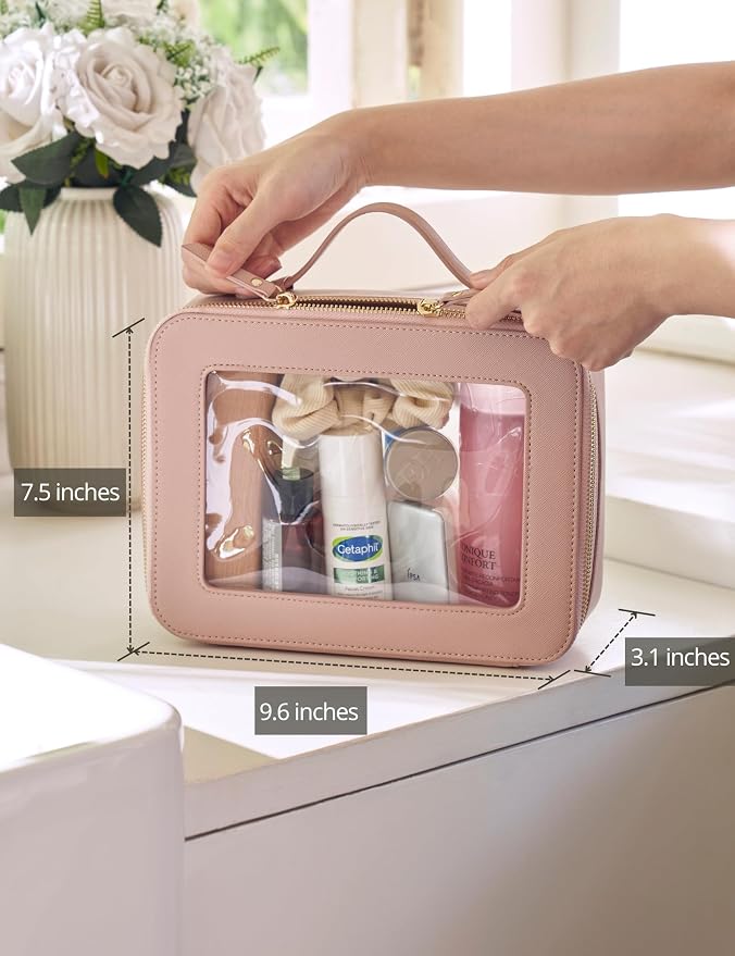 Popvibe Clear Makeup Case Set Pink Toiletry Bag Travel Large Clear Cosmetic Bag with Zipper, Big Make Up Bag Organizer Women Traveling TSA Approved Transparent Bag Car for Essentials