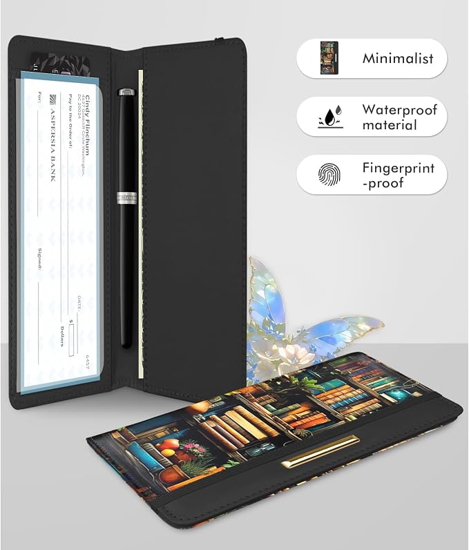Printed Checkbook Cover, RFID Blocking Checkbook, Stylish, Lightweight, Slim Durable, Multi-Functional Checkbook Holder for Personal and Business Checks (Bookshelf)