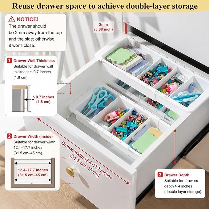 6 Pcs Expandable Drawer Organizer Bins Adjustable Deep Drawer Hanging Organizer Tray Expandable 11.4 to 18.1 Inches Plastic Dividers Storage for Office Bathroom Bedroom Kitchen Desk, White