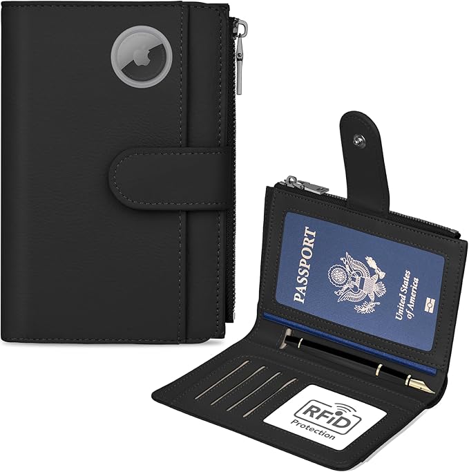 Passport Holder for Travel, Leather Passport Wallet with Airtag Slot, RFID Blocking Travel Wallet for Women Men, Passport Cover with Air Ticket Card Cash Coin Pocket, Travel Essentials Gift