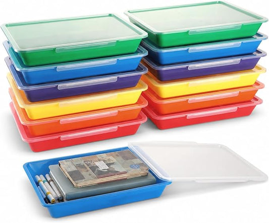 12 Pack Flat Storage Paper Tray with Clear Latching Lid Letter Size Organizer Bin Tray Plastic Latching File Organizer for Classroom Library School Office Teacher Desktop Book Organization (Rainbow)