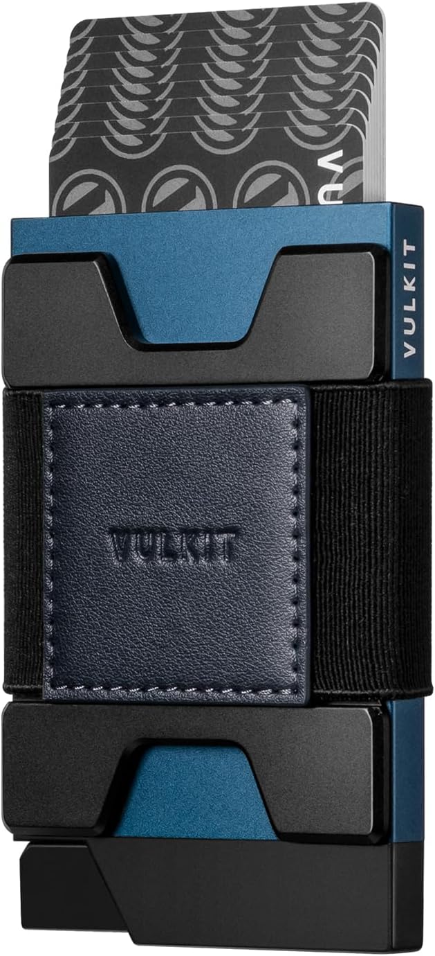 VULKIT Minimalist Pop Up Wallet RFID Blocking Aluminum Credit Card Holder with Expandable Backplate, Holds 12 Cards and Cash for Men and Women Navy