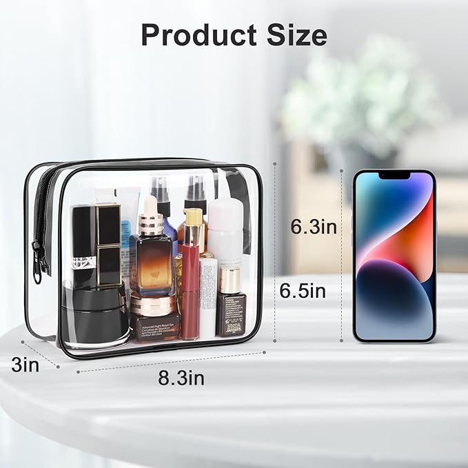Wedama Clear Toiletry Bag, Cosmetic Bags 2 Pack with Zipper Carry on Airline Airport Travel Accessories, PVC Makeup Bags for Travel, Clear Bags for Women and Men-Black