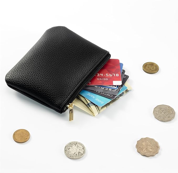 Chelmon PU Leather Coin Purse Pouch Change Holder Small With Zipper for Men Women 2 PCS Set (Black&Black)