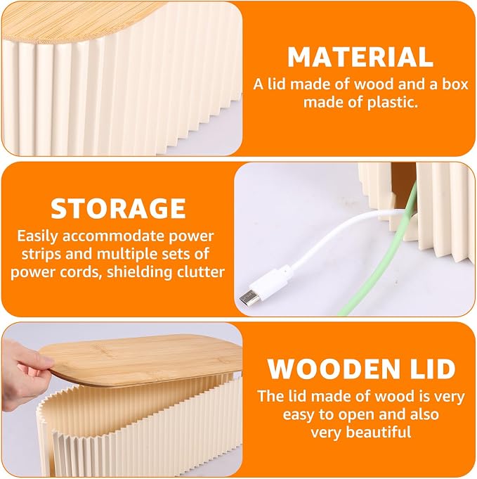 2Pcs Cable Management Box, 13 × 5.12 × 4.33 inch Plastic Cord Hider Box with Wood Lid, Hidden Storage Cord Organizer Box, Ample Internal Space Power Strips Cover Easy Access for Home Office