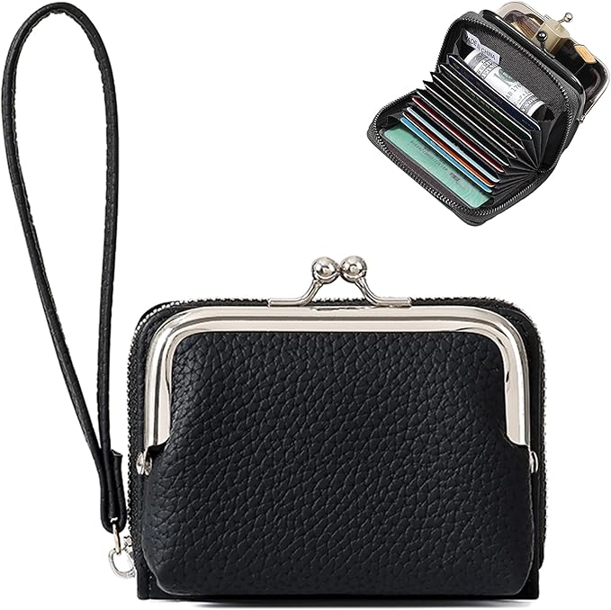 Women's Pebble Leather Wristlet Wallet, 2-in-1 Zip-Around Credit Card Holder with Kiss Lock Coin Purse, Cute Change Purse with Secure Clasp & Card Slots (Charcoal Black, Small)