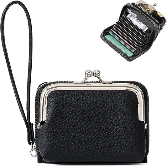 Women's Pebble Leather Wristlet Wallet, 2-in-1 Zip-Around Credit Card Holder with Kiss Lock Coin Purse, Cute Change Purse with Secure Clasp & Card Slots (Charcoal Black, Small)