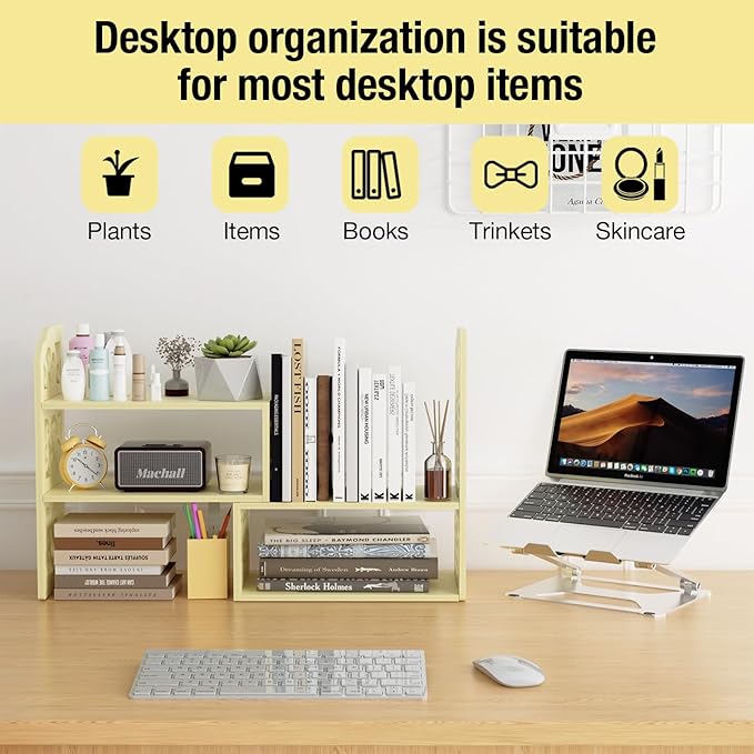 YGYQZ Adjustable Desktop Organizer Shelf – Space-Saving Desk Shelves & Desktop Bookshelf for Office, Home & Dorm – Sturdy PVC Desk Book Organizer with Non-Slip Feet, Easy Assembly