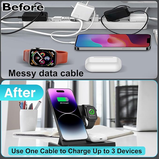 Magnetic 3 in 1 Wireless Charging Station for Magsafe iPhone 12-17 Series, Charging Station for Multiple Devices, Mag-Safe Wireless Charger Stand for Apple Watch Series/Ultra/SE & AirPods 4/3/2/Pro
