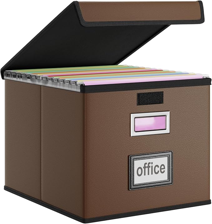Faux Leather File Organizer Box with Lid, Collapsible Hanging File Folder Box Organizer with Plastic Slides, Decorative Home/Office Filing Boxes for File and Folder Storage - Dark Brown