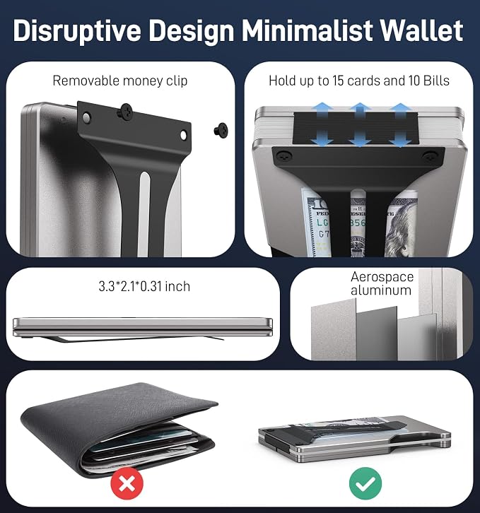 Slim Wallet for Men and Women, Smart Metal Wallet Built-in Airtag Chip, Minimalist Wallet Compatible with Apple Find My, RFID Blocking Credit Card Holder with Money Clip (Grey)