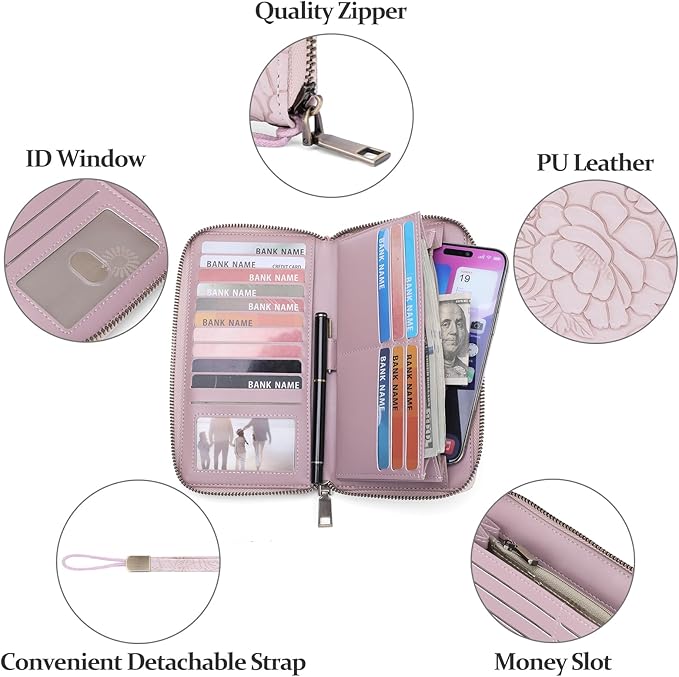 SENDEFN Women's Wallet RFID Blocking Leather Zip Around Wallet Large Capacity Long Purse Credit Card Holder with Wristlet