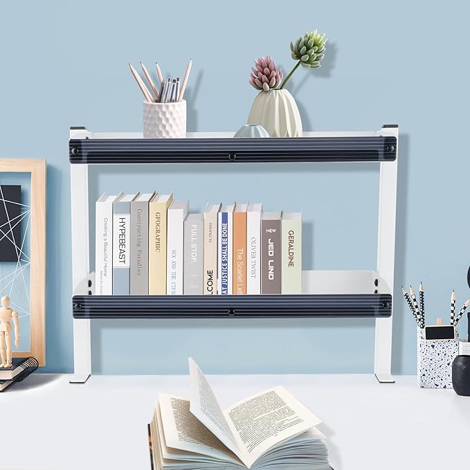 Office Desk Shelf Organizer,Desktop Bookshelf Supplies Storage Rack,Clamp-on Desk Shelf,Desk Extender Side Table,2-Tier Shelving with Shelf for Top of Desk and Dresser,for Bedrooms,Living Rooms