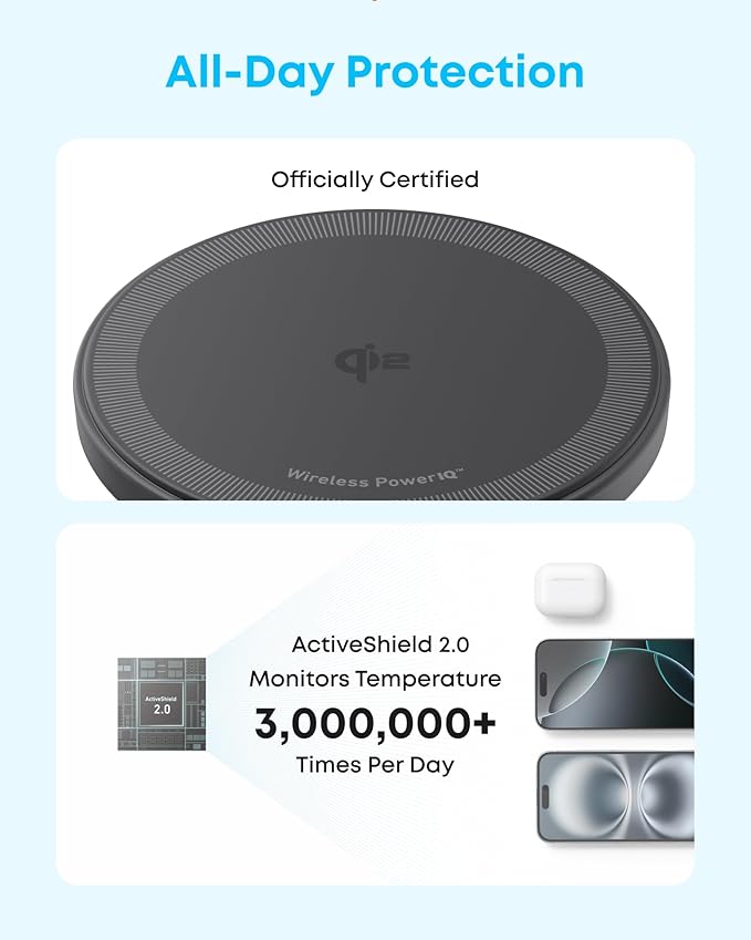 Anker Zolo Magnetic Wireless Charger, Qi2 Certified 15W MagSafe-Compatible Wireless Charging Pad, for iPhone 17/16/15/14/13/12 Series, AirPods, and More (Not for Pixel, Adapter Not Included)
