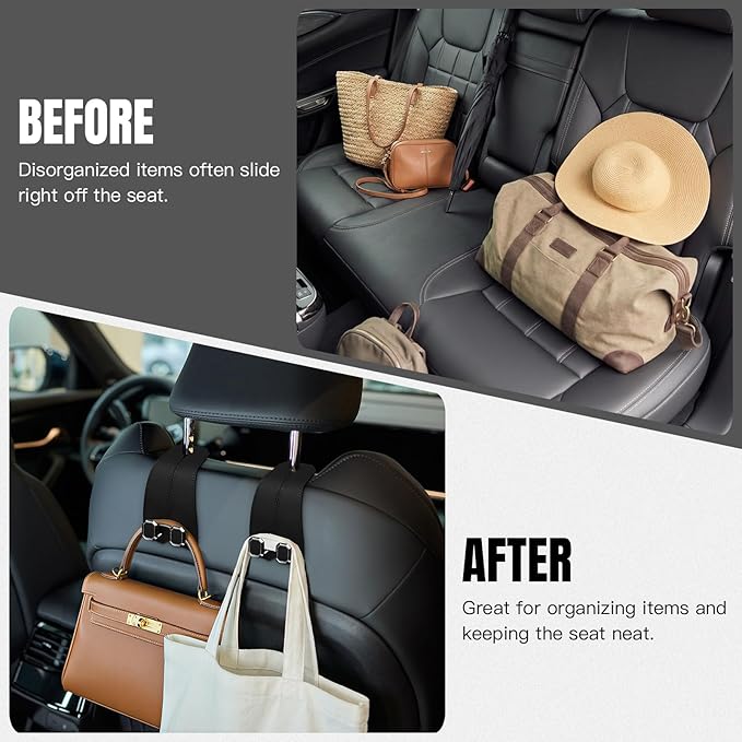 2PCS Car Hooks for Headrest, Faux Leather Purse Hook for Car Seat Back Organizers and Storage, Double Metal Purse Holder Bag Hanger, Universal Car Interior Accessories for Women Man