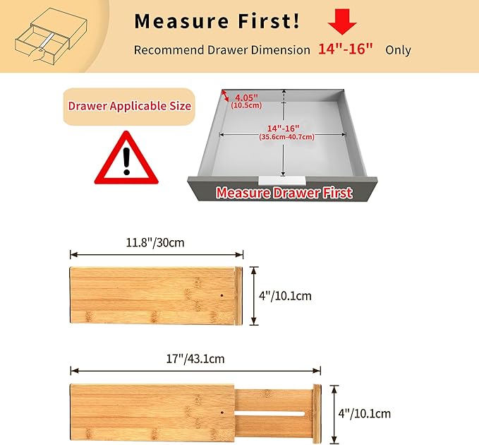 Utoplike Bamboo Dresser Drawer Dividers, 4'' High Adjustable Drawer Organizers for Clothing, Spring Loaded, Works in Kitchen, Bathroom, Bedroom, Drawer, Desk, 4 pcs